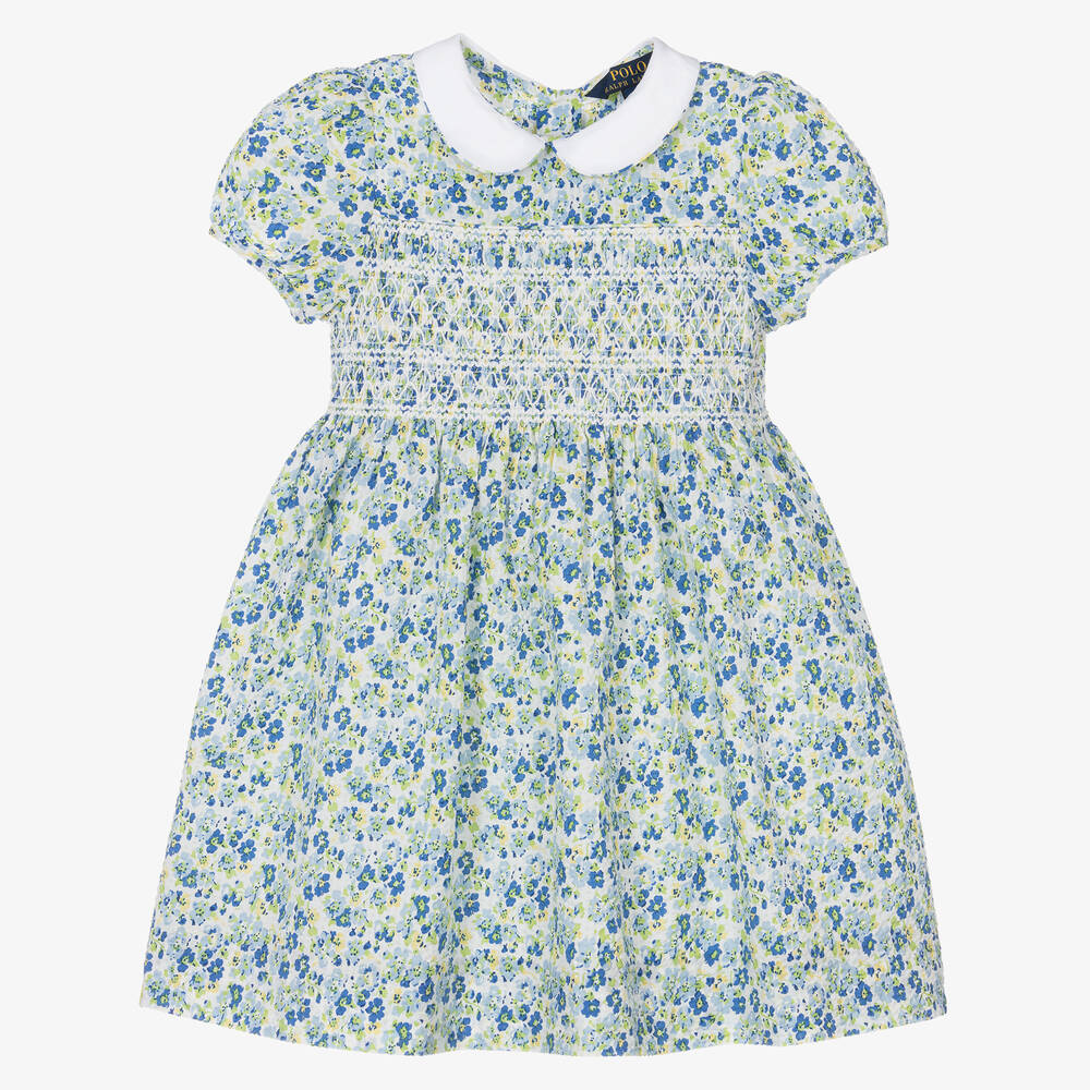 Ralph Lauren - Girls Blue Floral Print Seersucker Dress | Childrensalon