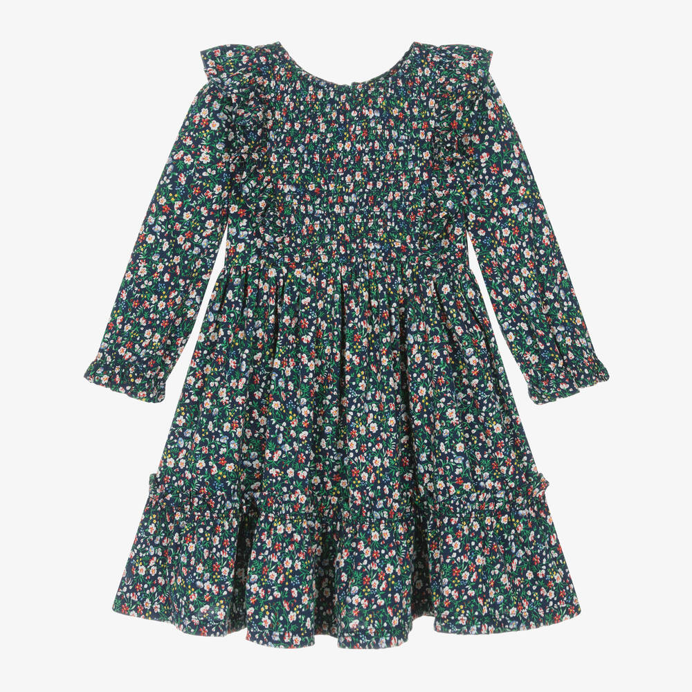 Ralph Lauren - Girls Blue Floral Ruched Cotton Dress | Childrensalon