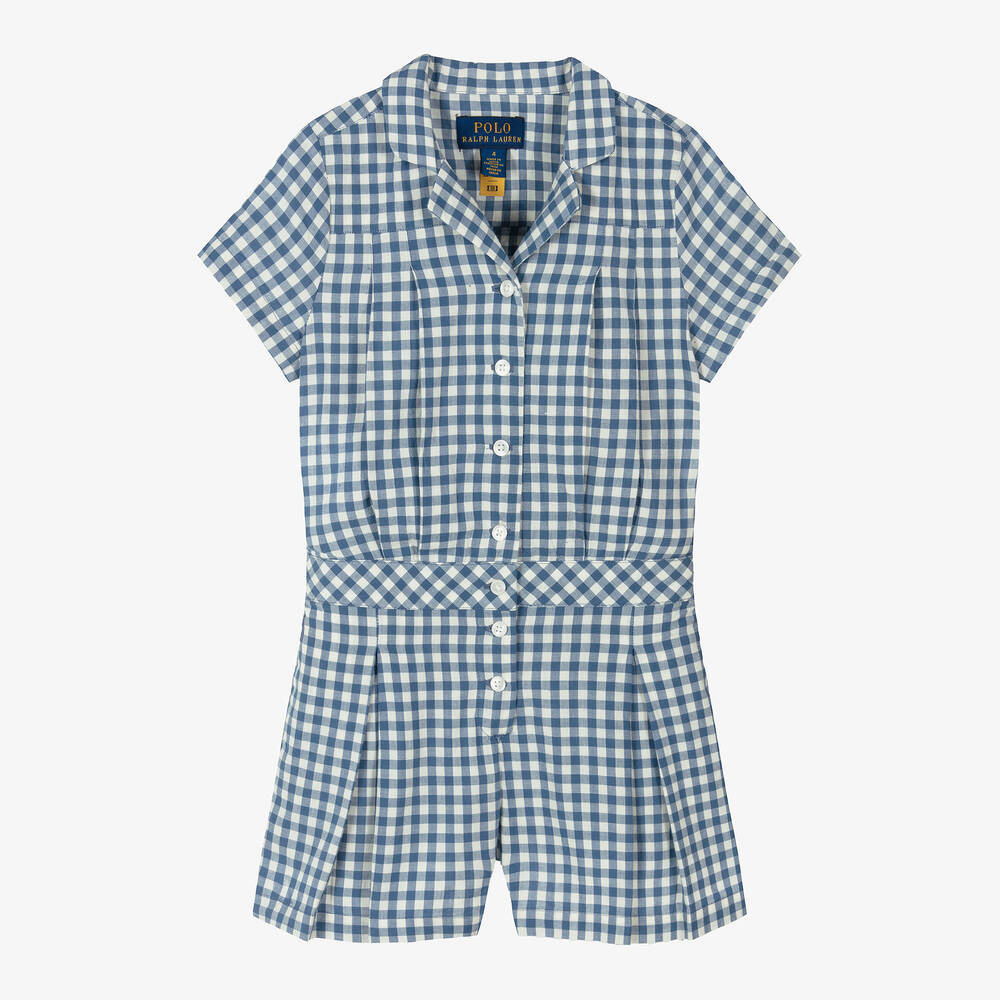 Ralph Lauren - Girls Blue Gingham Cotton Playsuit | Childrensalon