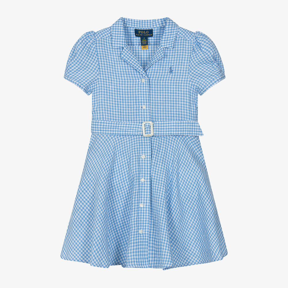 Ralph Lauren - Girls Blue Gingham Linen Dress | Childrensalon