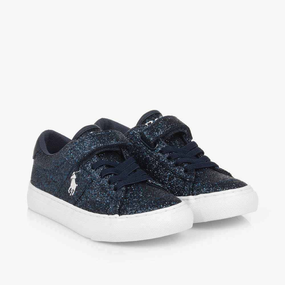 Ralph Lauren - Girls Blue Glitter Velcro Trainers | Childrensalon