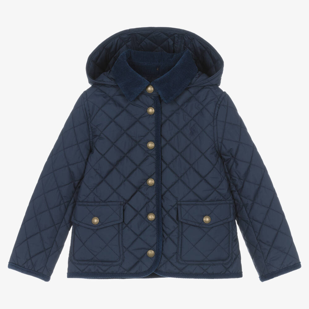 Ralph Lauren - Girls Blue Hooded Quilted Jacket | Childrensalon