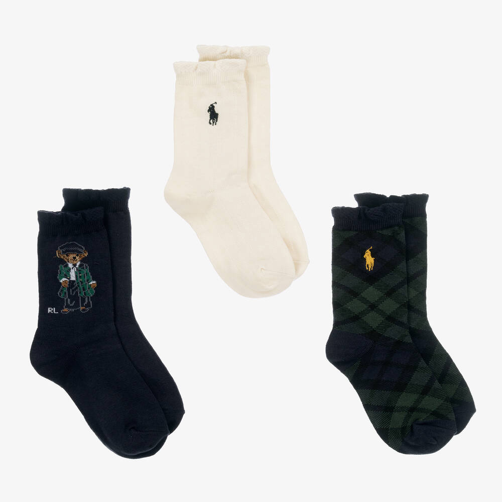 Ralph Lauren - Girls Blue & Ivory Socks (3 pack) | Childrensalon