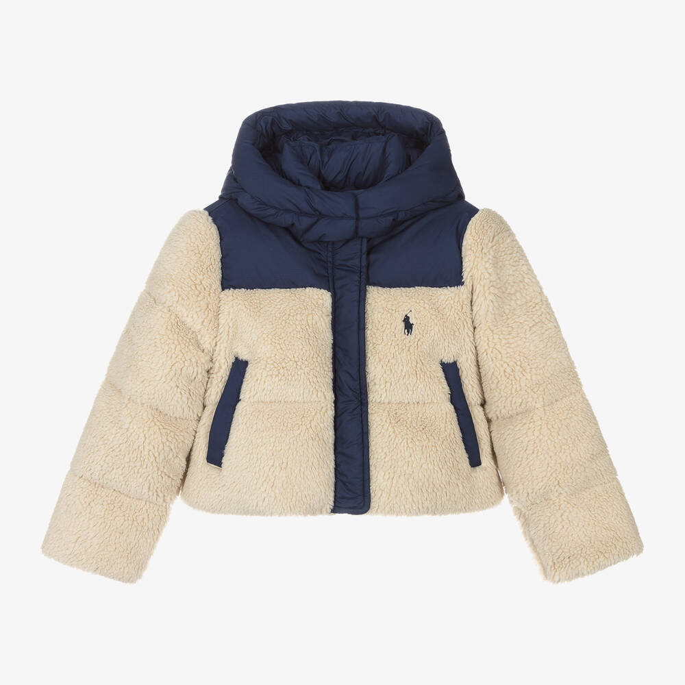 Ralph Lauren - Girls Blue & Ivory Teddy Fleece Jacket | Childrensalon