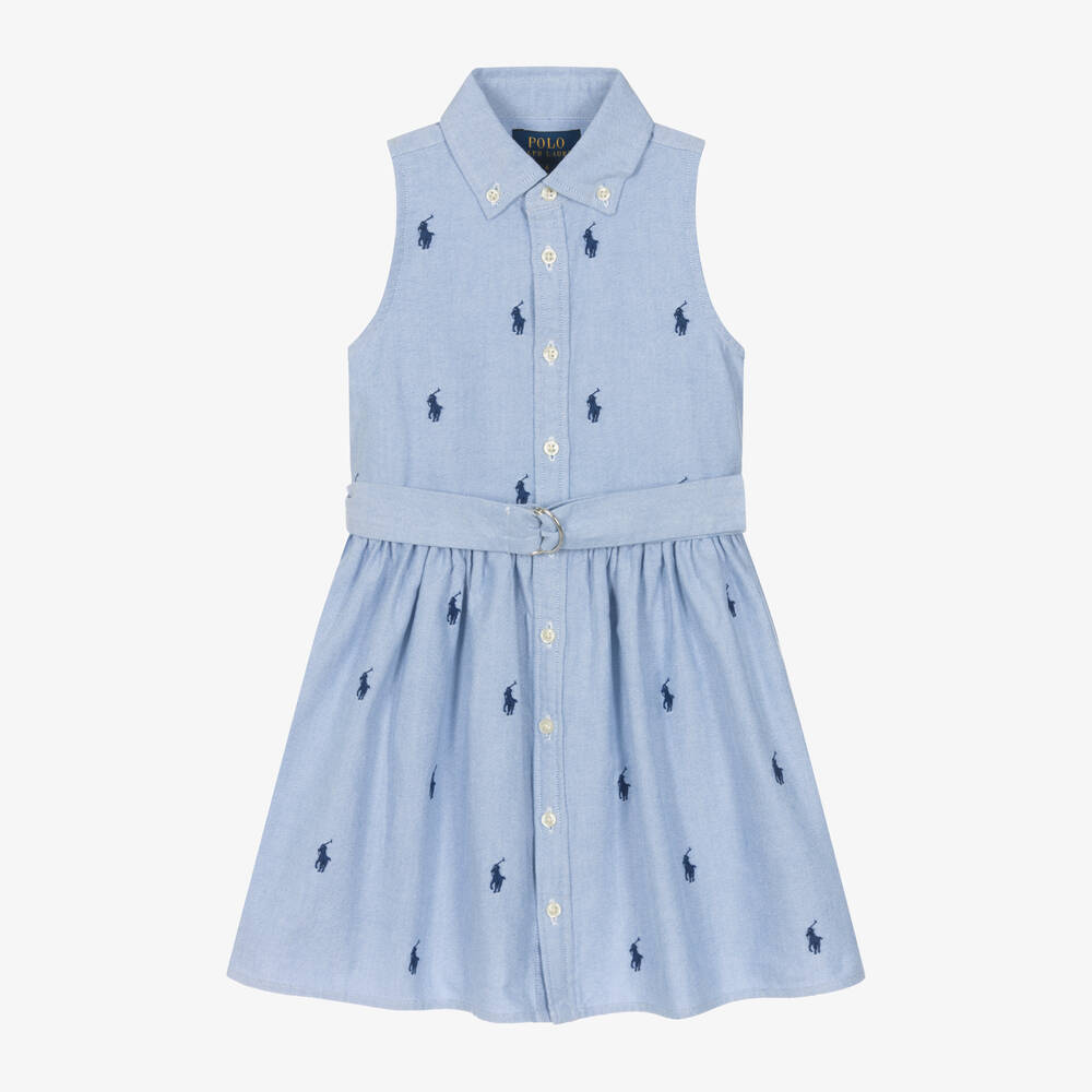 Ralph Lauren - Girls Blue Oxford Cotton Shirt Dress | Childrensalon