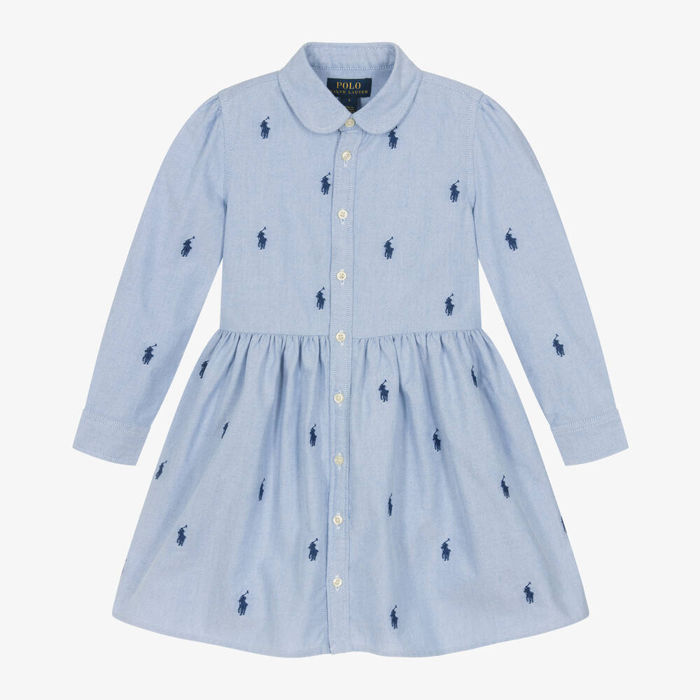 Ralph Lauren - Girls Blue Oxford Cotton Shirt Dress | Childrensalon