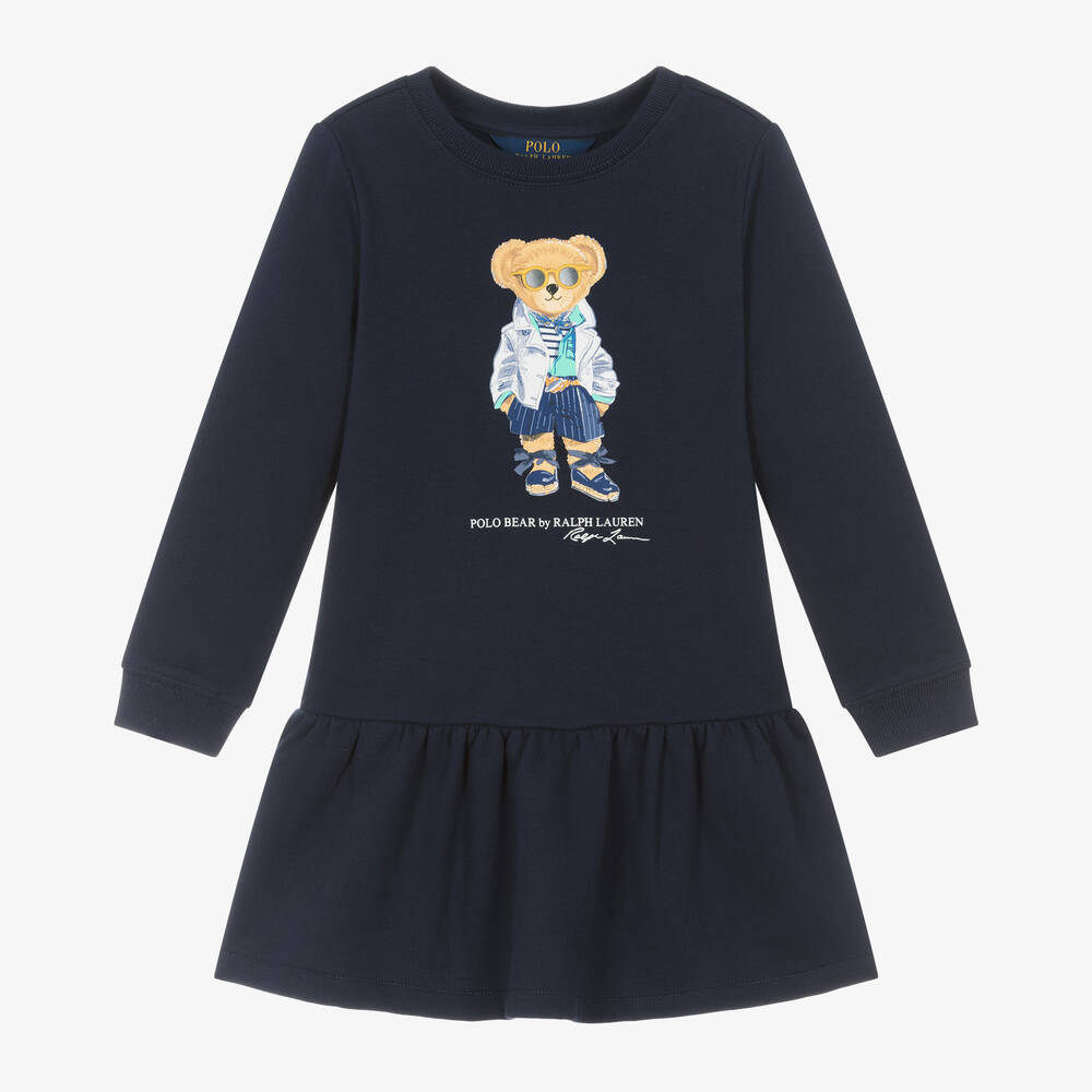Ralph Lauren - Girls Blue Polo Bear Sweatshirt Dress | Childrensalon