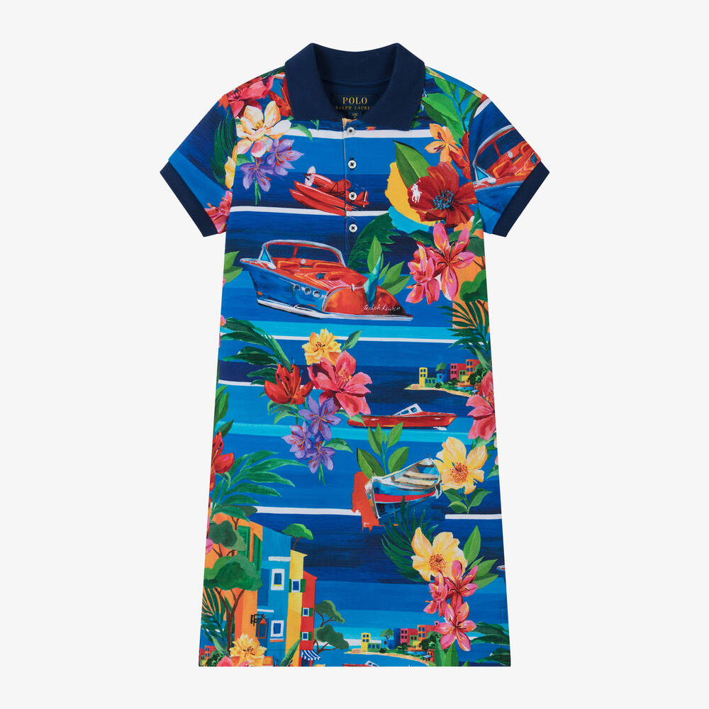 Ralph Lauren - Синее платье поло Riviera из хлопка для девочек | Childrensalon