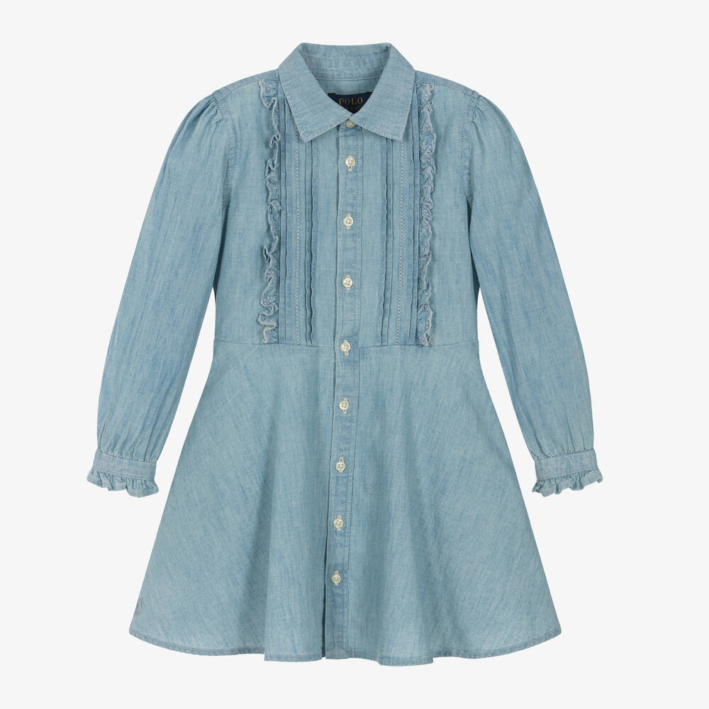 Ralph Lauren - Girls Blue Ruffled Chambray Shirt Dress | Childrensalon