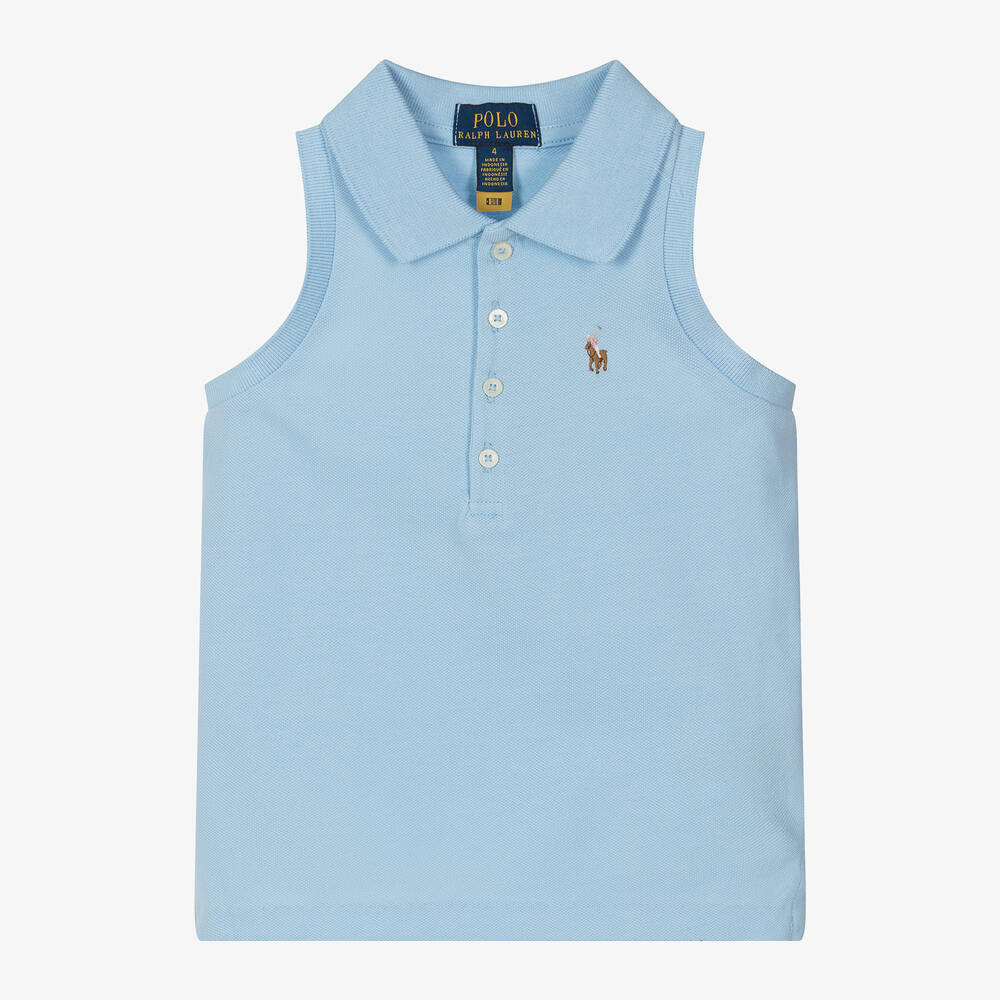Ralph Lauren - Girls Blue Sleeveless Polo Shirt | Childrensalon