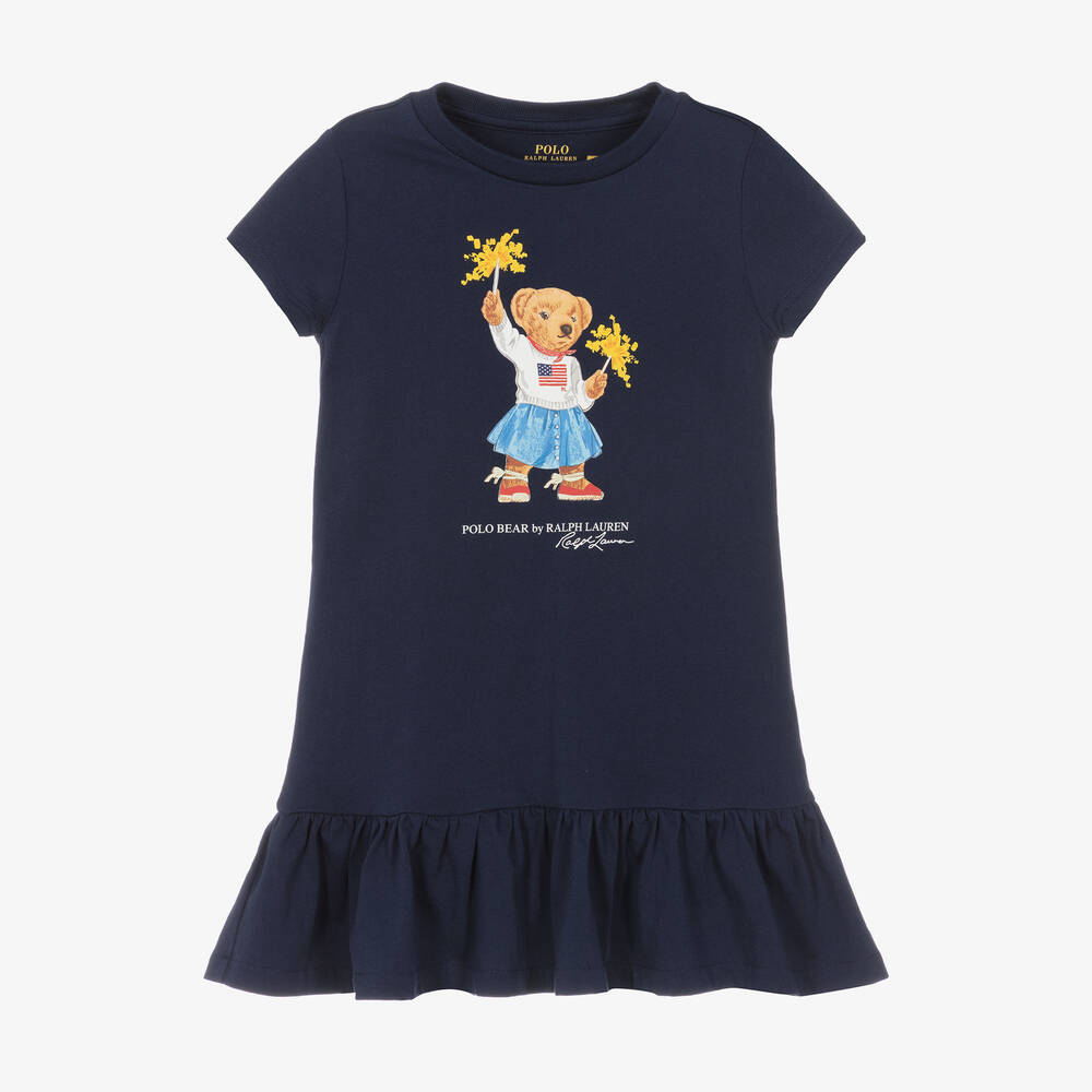 Ralph Lauren - Girls Blue Sparkler Bear Cotton Dress | Childrensalon