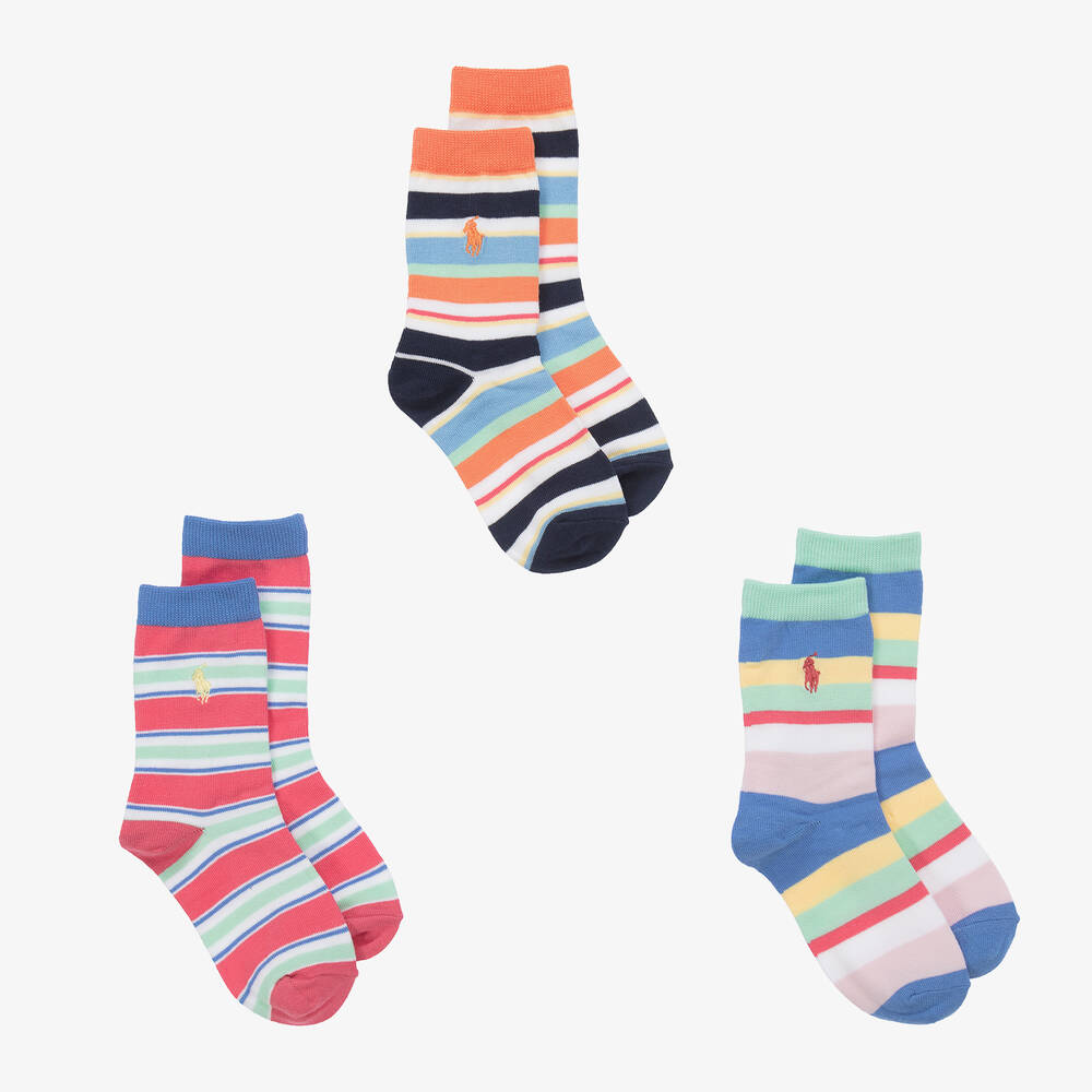Ralph Lauren - Girls Blue Stripe Cotton Socks (3 Pack) | Childrensalon