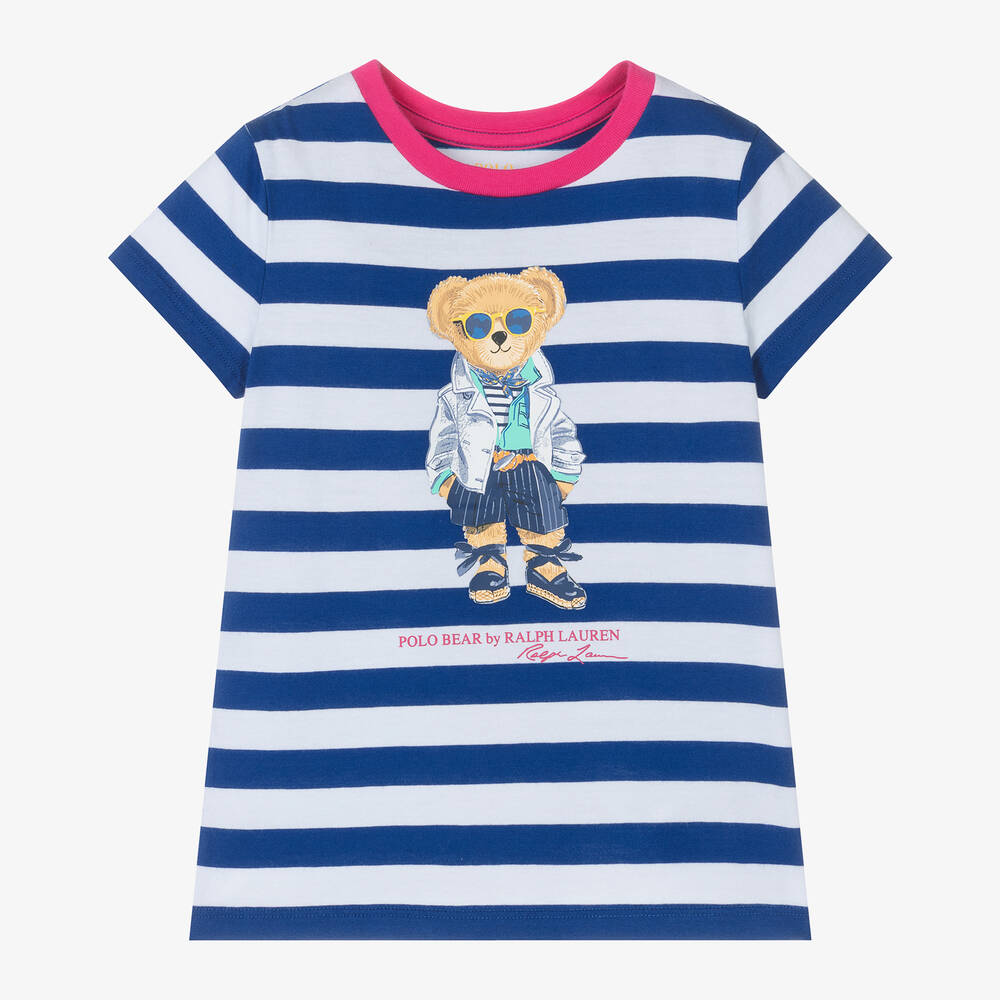 Ralph Lauren - T-shirt bleu rayé en coton ours ado | Childrensalon