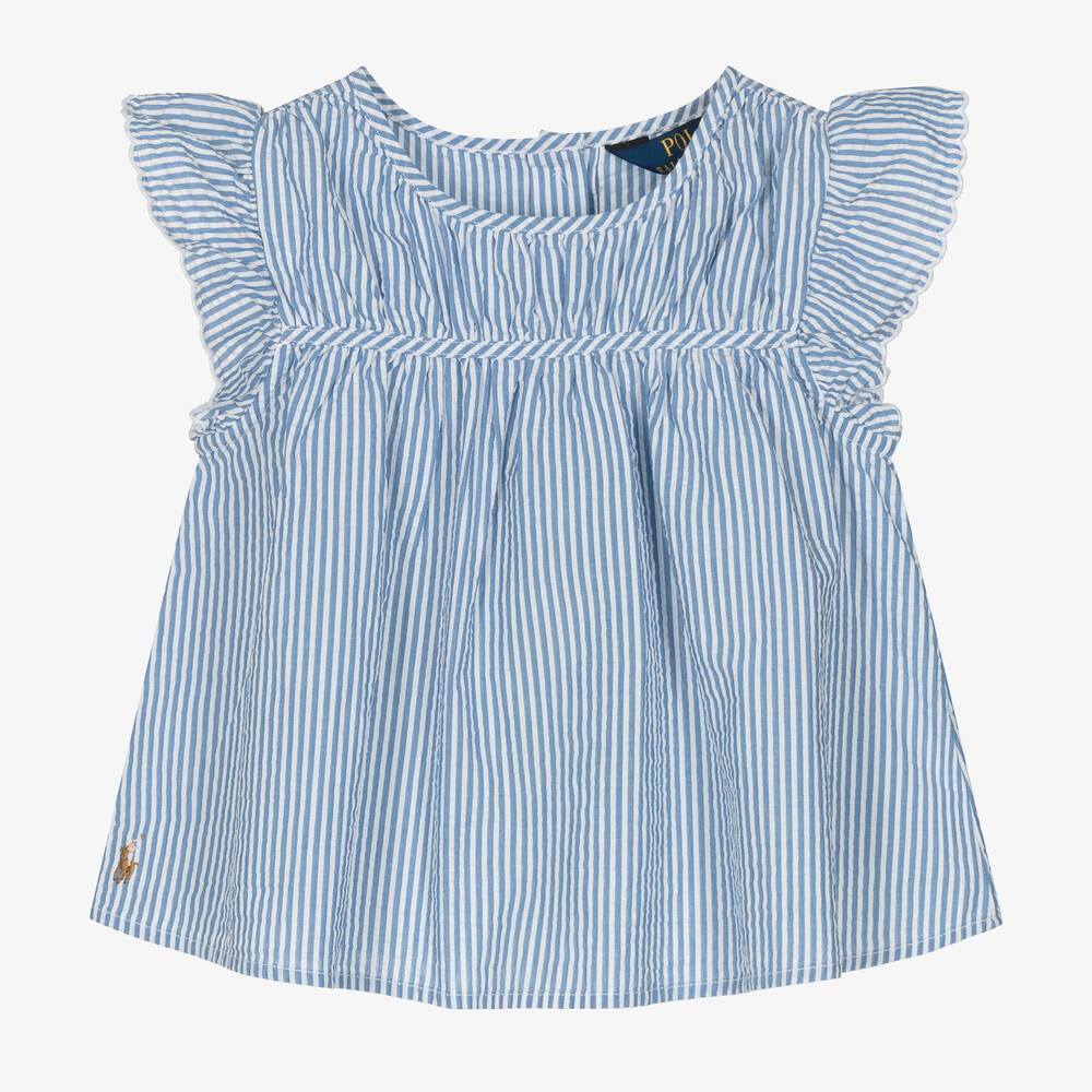 Ralph Lauren - Girls Blue Striped Cotton Blouse | Childrensalon