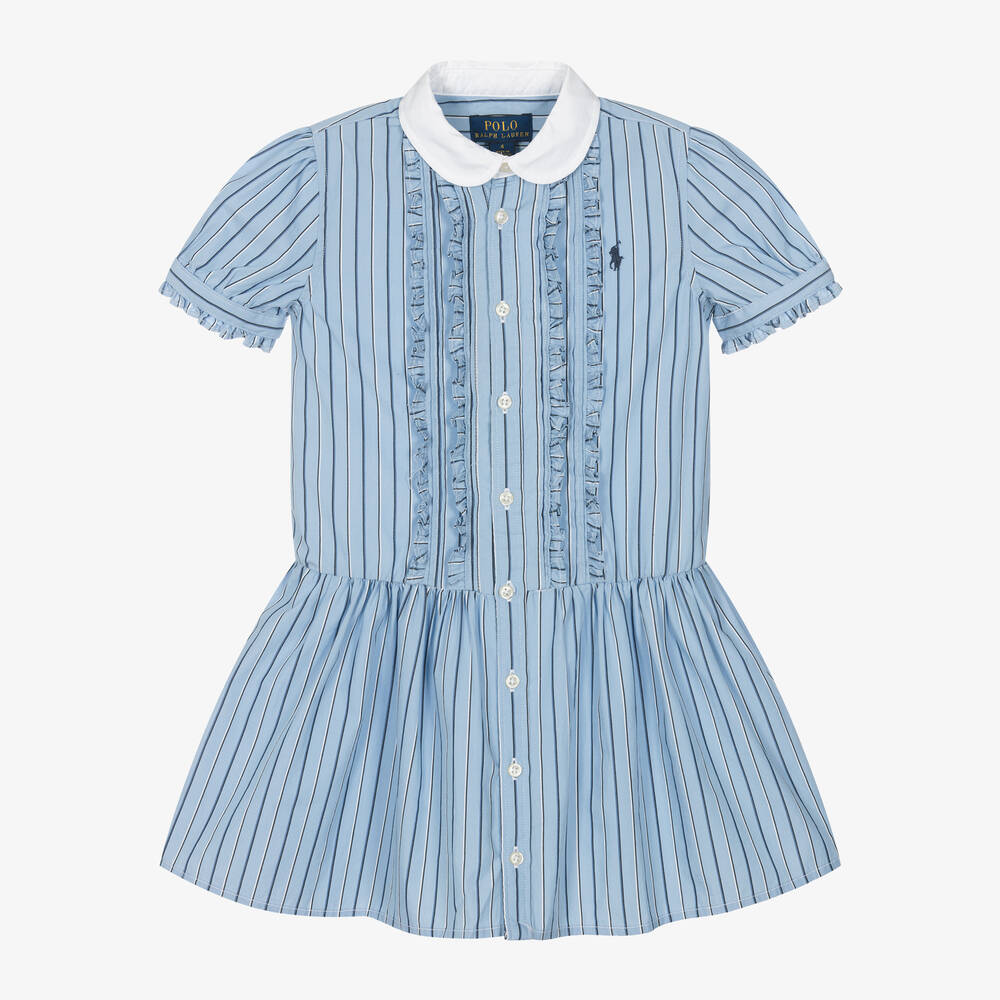 Ralph Lauren - Girls Blue Striped Cotton Dress | Childrensalon