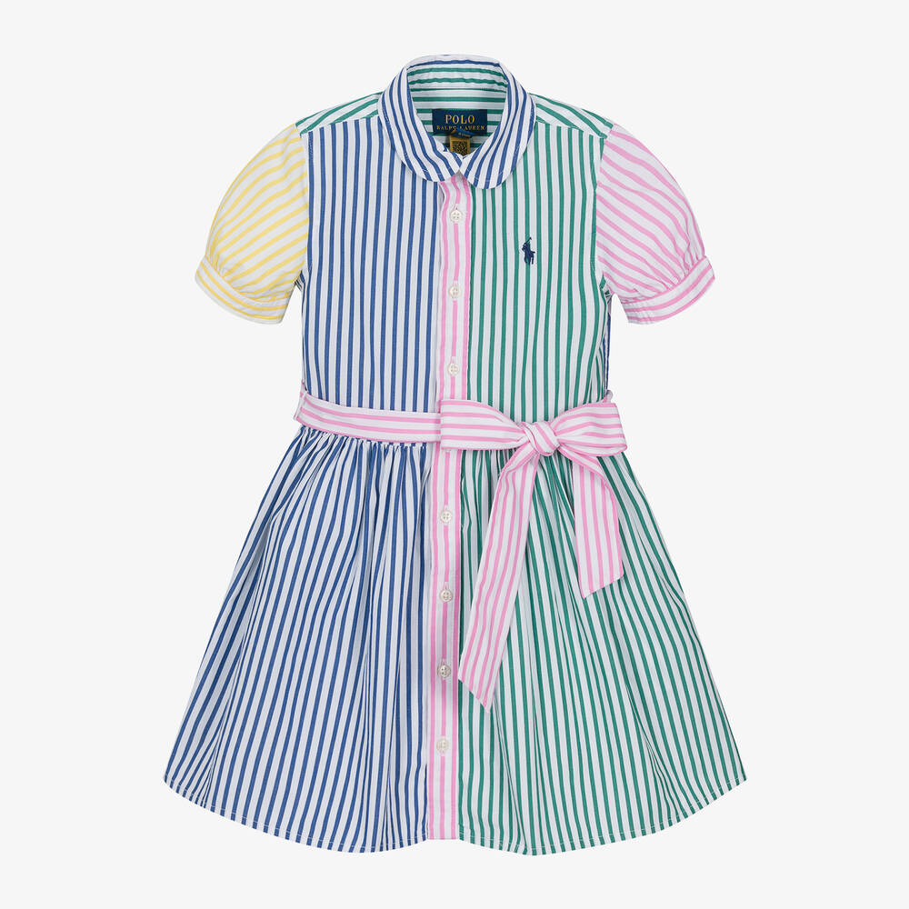 Ralph Lauren - فستان قطن بوبلين مقلم لون أزرق وأخضر وزهري | Childrensalon