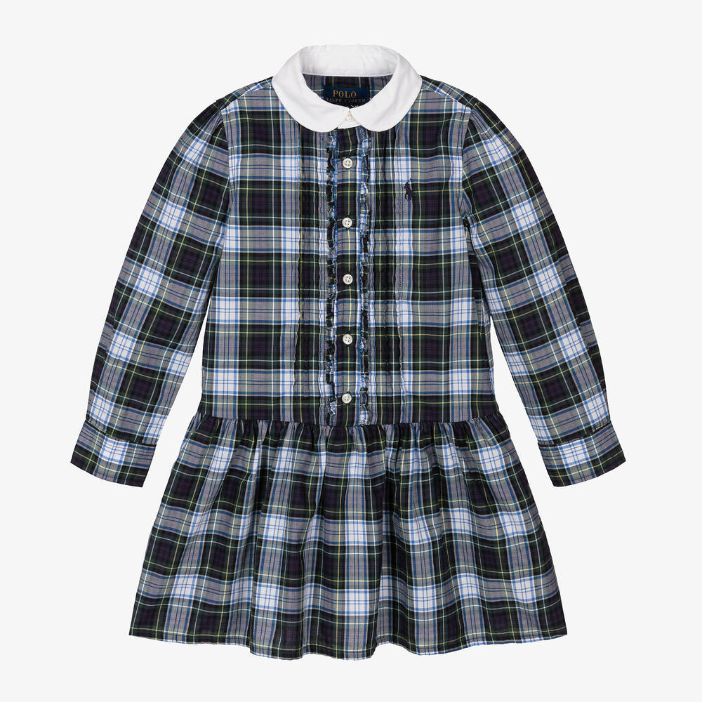 Ralph Lauren - Girls Blue Tartan Cotton Dress | Childrensalon