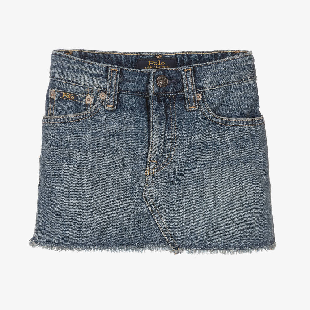 Ralph Lauren - Girls Blue Washed Cotton Denim Skirt | Childrensalon