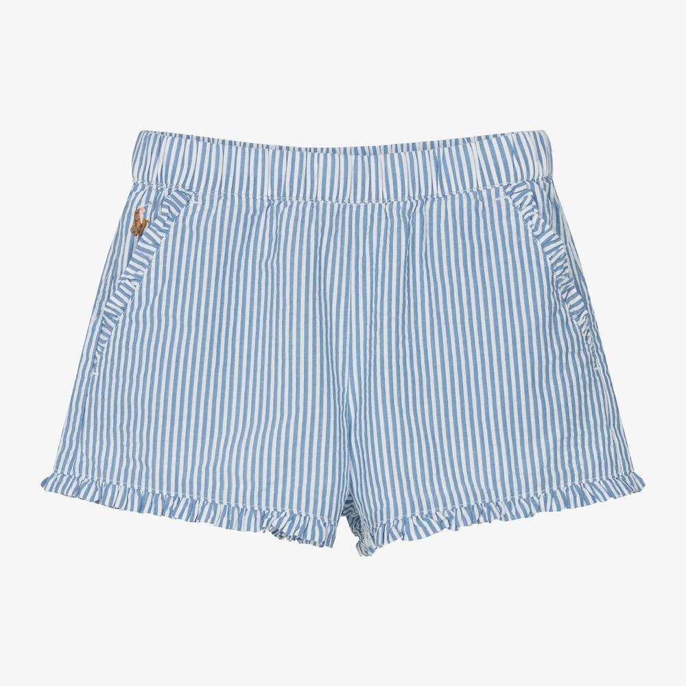 Ralph Lauren - Girls Blue & White Stripe Cotton Shorts | Childrensalon