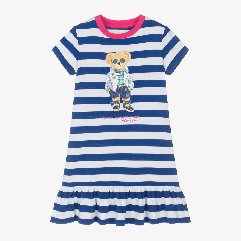 Ralph Lauren - فستان بطبعة بير قطن مقلم لون أزرق وأبيض | Childrensalon