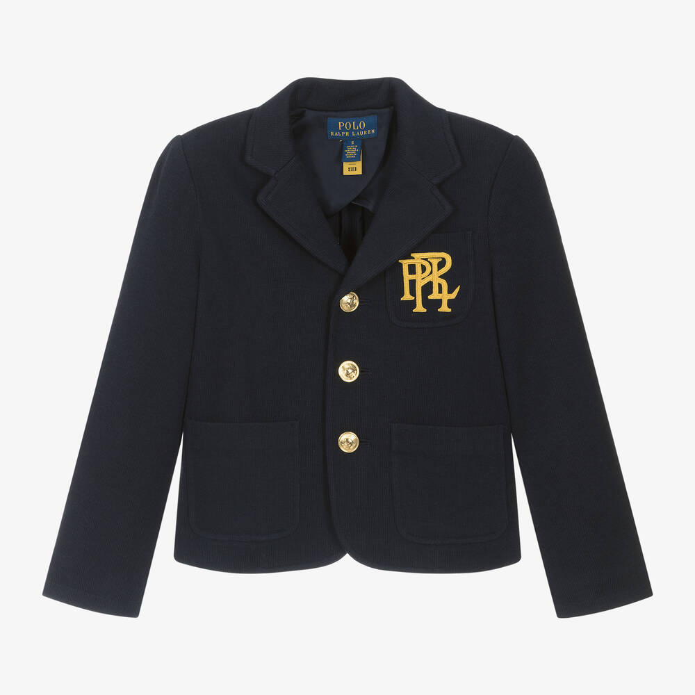 Ralph Lauren - Girls Blue Wool Monogram Knitted Blazer | Childrensalon