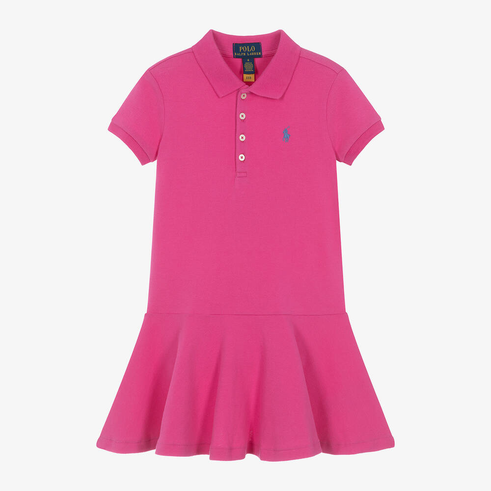 Ralph Lauren - Girls Fuchsia Pink Cotton Polo Dress | Childrensalon