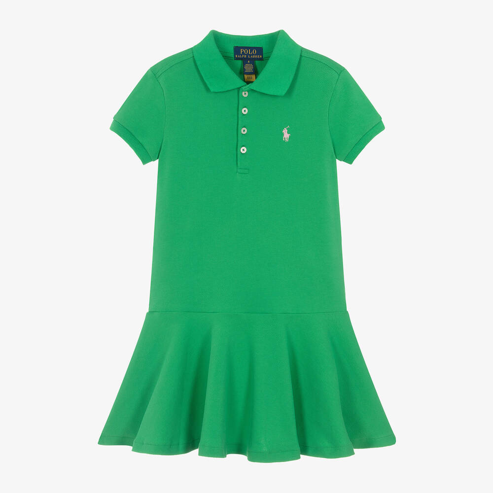 Ralph Lauren - Girls Green Cotton Polo Dress | Childrensalon