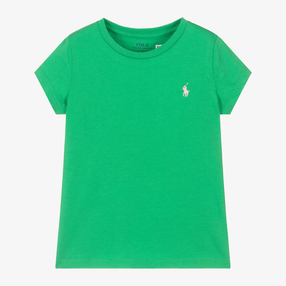 Ralph Lauren - Girls Green Cotton Pony T-Shirt | Childrensalon
