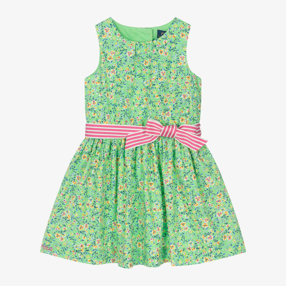 Ralph Lauren - فستان قطن بوبلين لون أخضر بطبعة ورود | Childrensalon