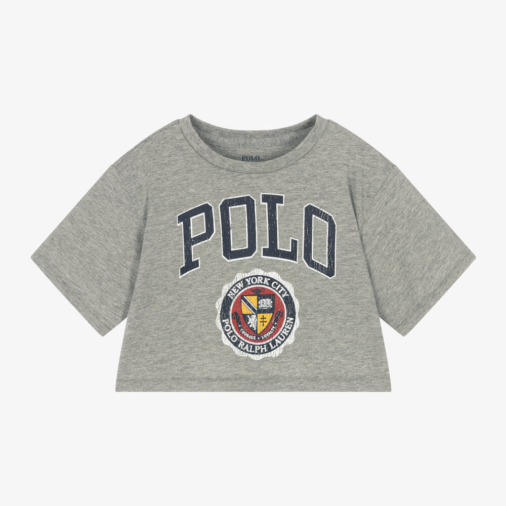 Ralph Lauren - Girls Grey Cotton Varsity T-Shirt | Childrensalon