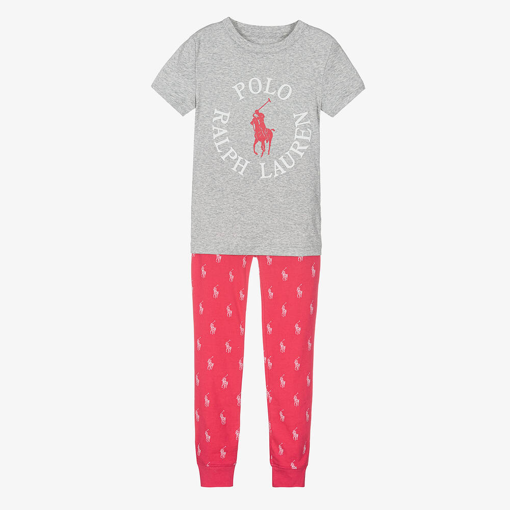 Ralph Lauren - Girls Grey & Pink Cotton Polo Pyjamas | Childrensalon