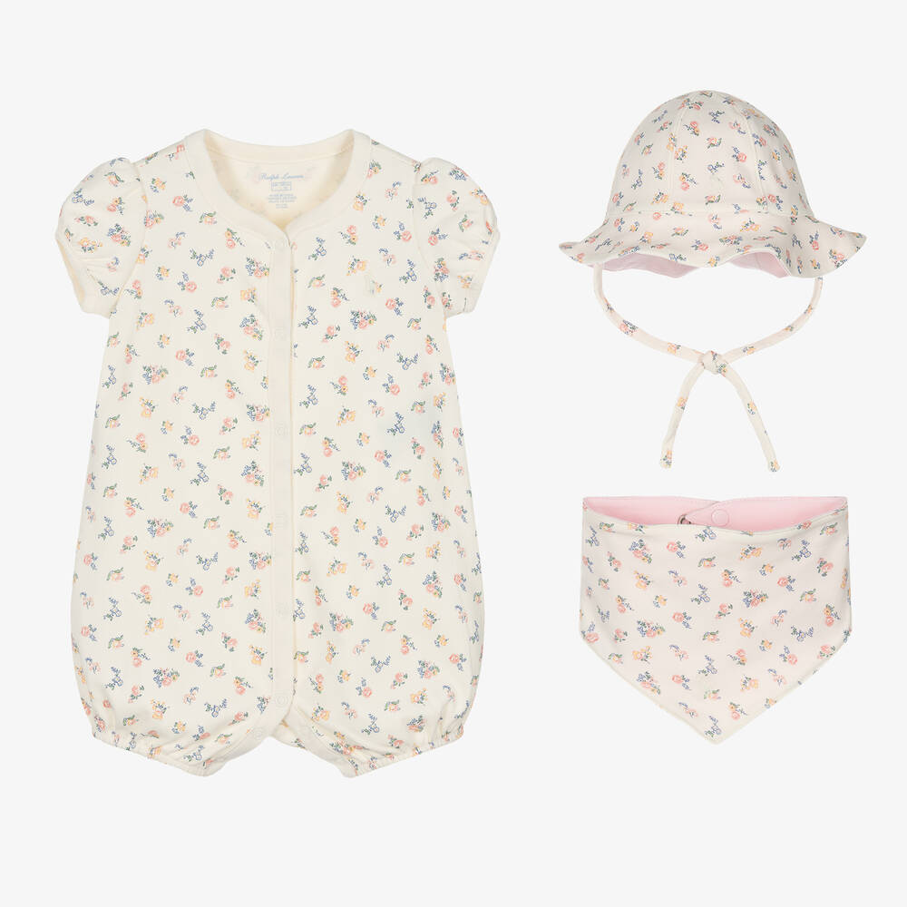 Ralph Lauren - Girls Ivory Floral Cotton Babysuit Set  | Childrensalon
