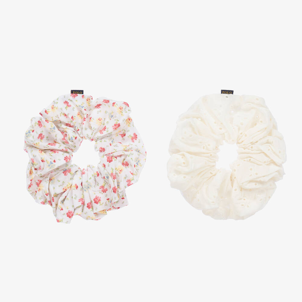 Ralph Lauren - Girls Ivory Floral Scrunchies (2 Pack) | Childrensalon