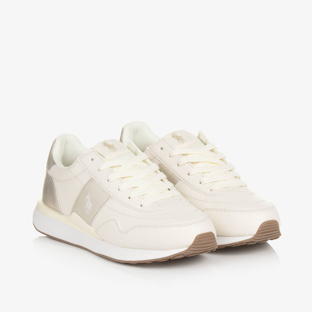 Ralph Lauren - Girls Ivory & Gold Faux Leather Trainers | Childrensalon