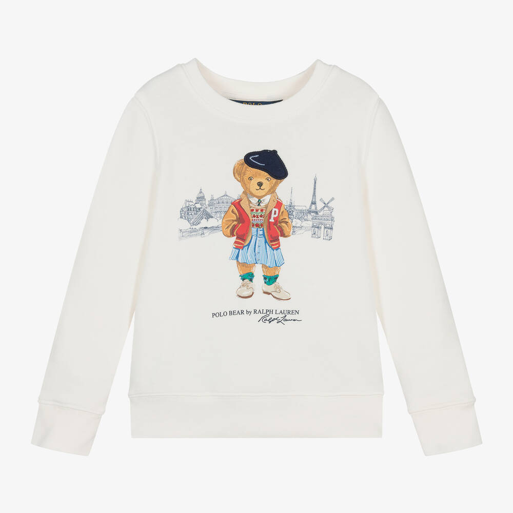 Ralph Lauren - Girls Ivory Parisian Polo Bear Sweatshirt | Childrensalon