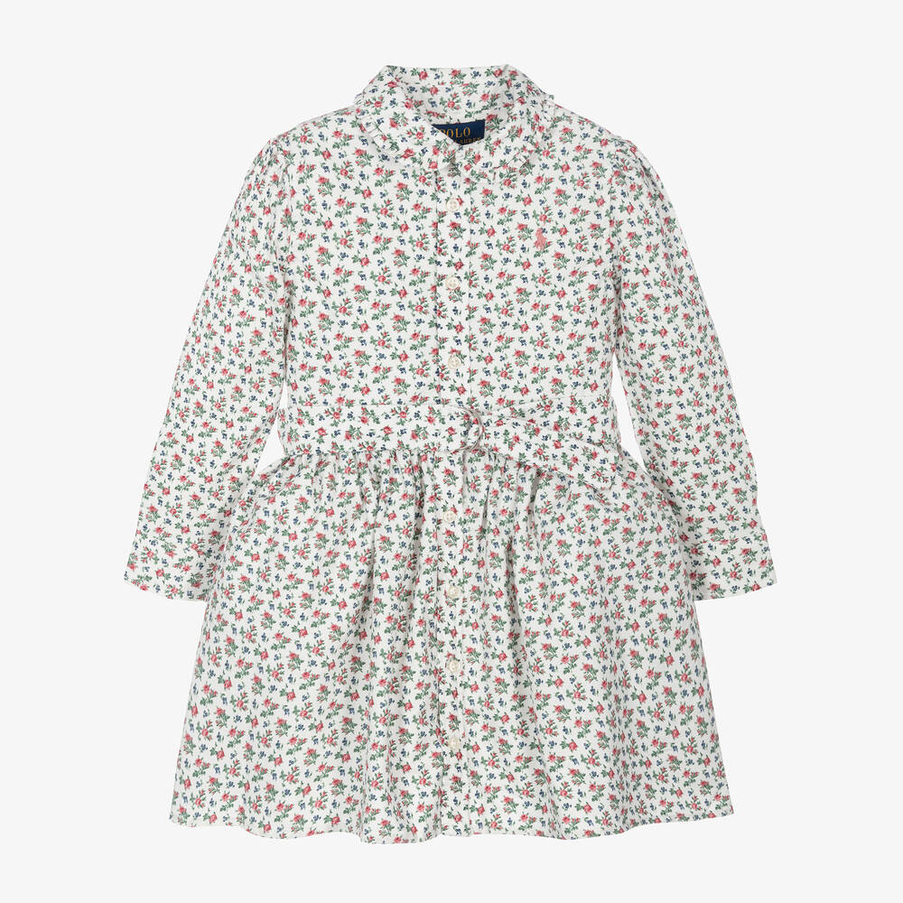 Ralph Lauren - Girls Ivory & Pink Floral Cotton Dress | Childrensalon