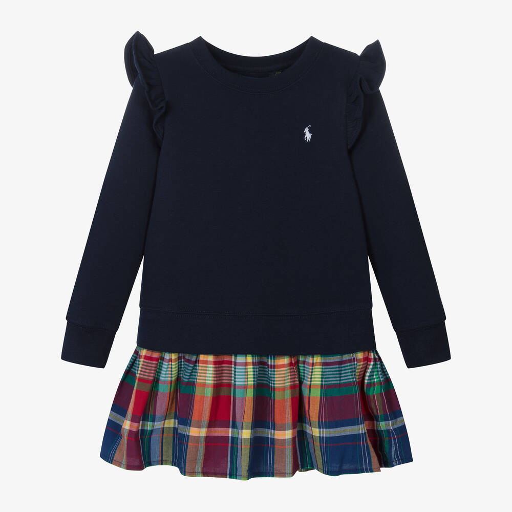Ralph Lauren - Girls Navy Blue Check Sweatshirt Dress | Childrensalon