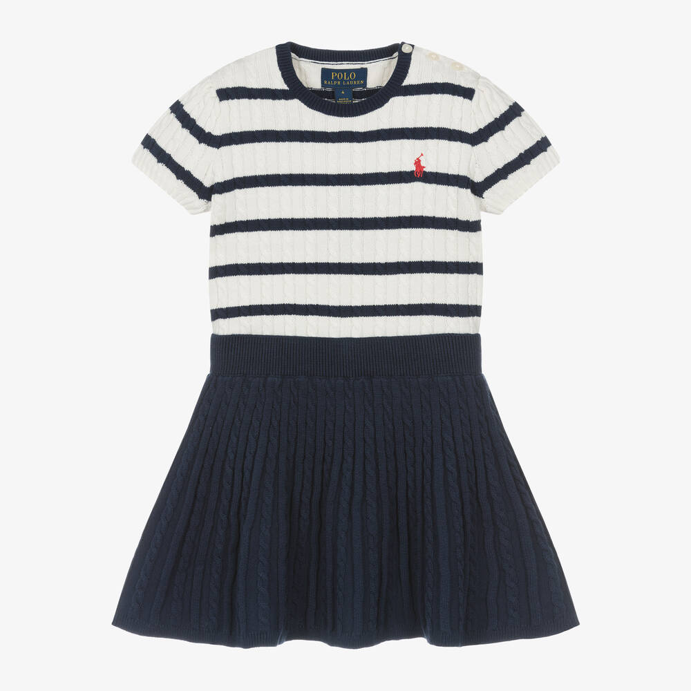 Ralph Lauren - Girls Navy Blue Cotton Cable Knit Skirt Set | Childrensalon