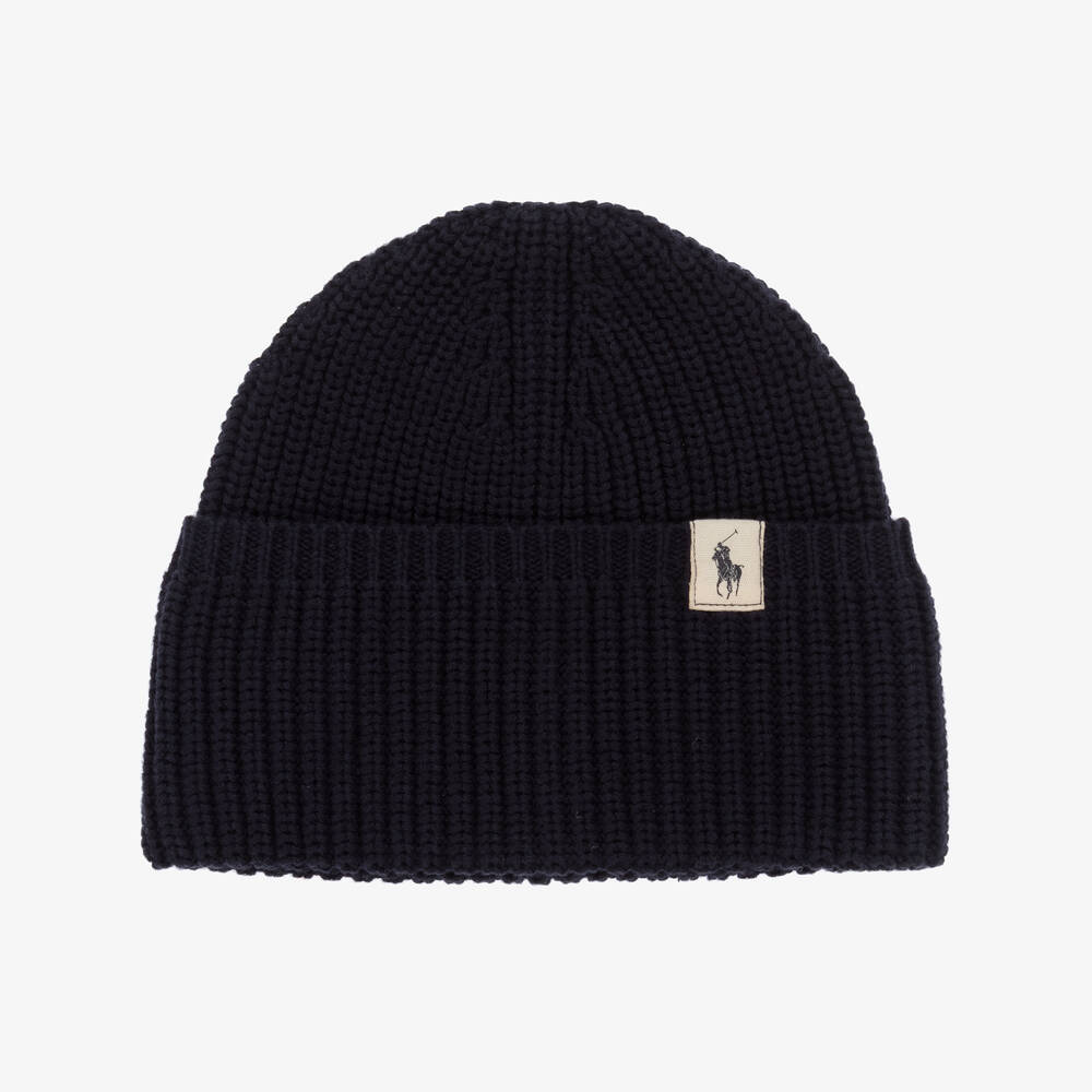 Ralph Lauren - Girls Navy Blue Cotton Knit Beanie Hat | Childrensalon