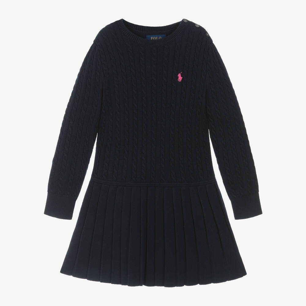 Ralph Lauren - Girls Navy Blue Cotton Knit Dress | Childrensalon