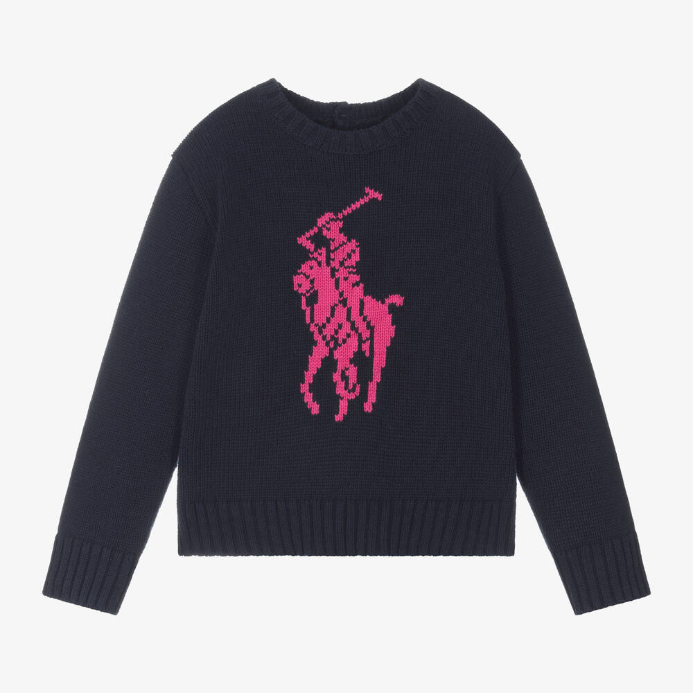 Ralph Lauren - Girls Navy Blue Cotton Knit Pony Sweater | Childrensalon