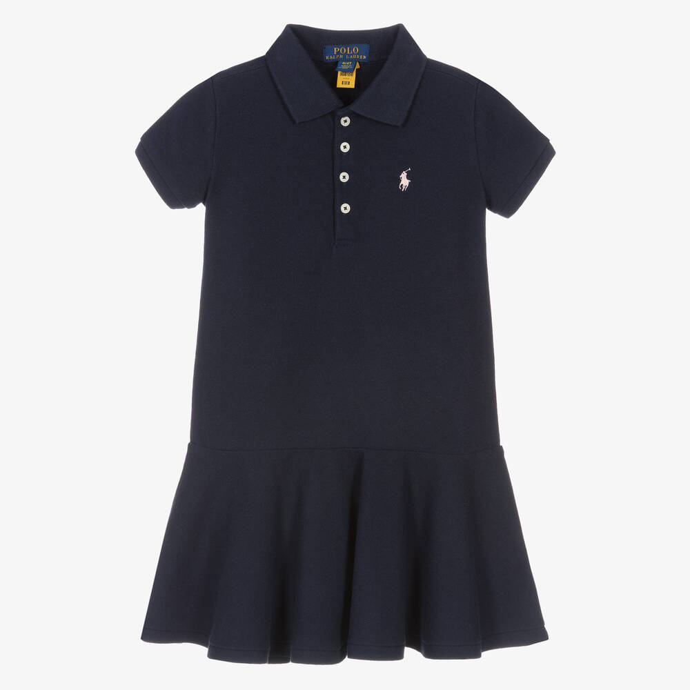 Ralph Lauren - Girls Navy Blue Cotton Polo Dress | Childrensalon