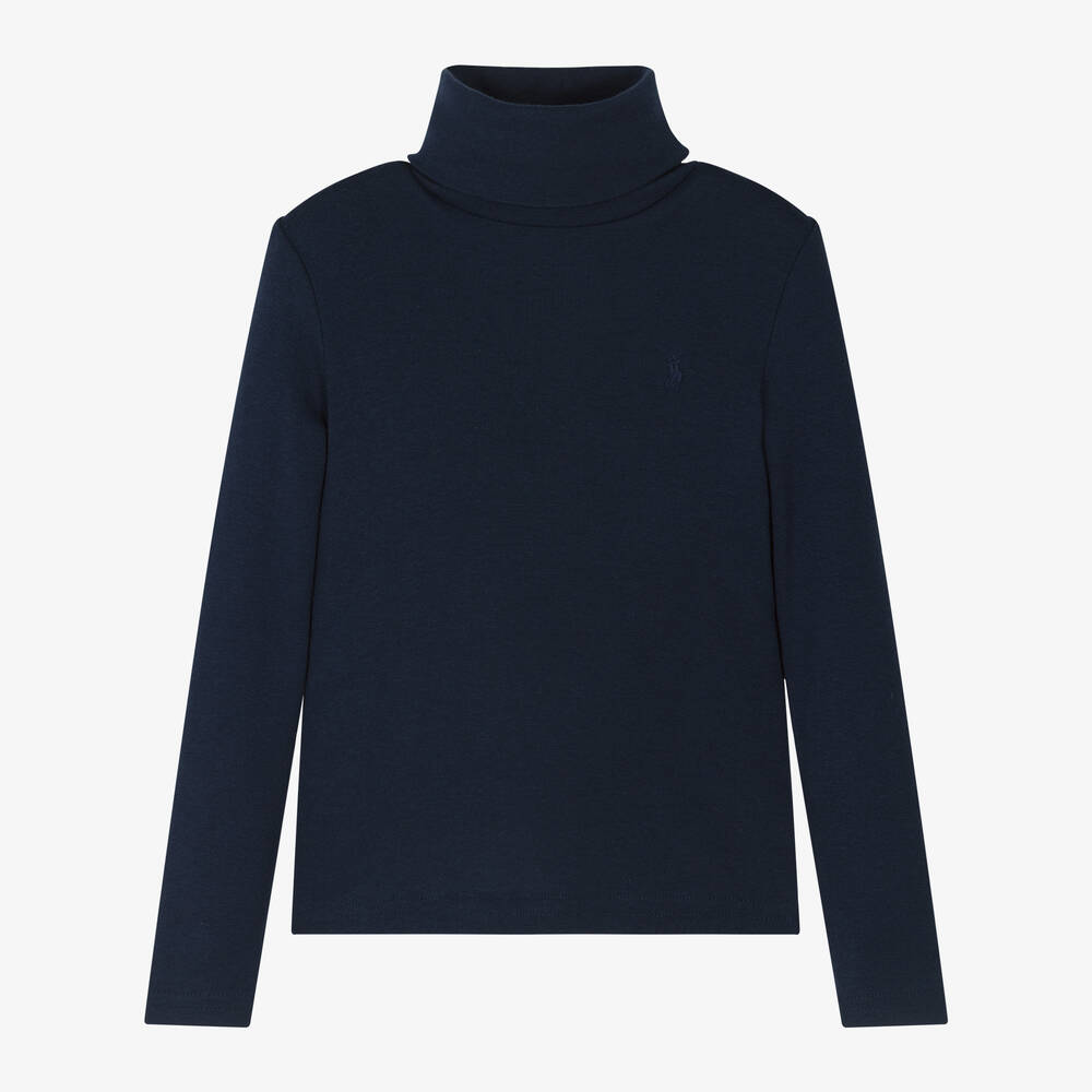 Ralph Lauren - Girls Navy Blue Cotton Roll Neck Top | Childrensalon