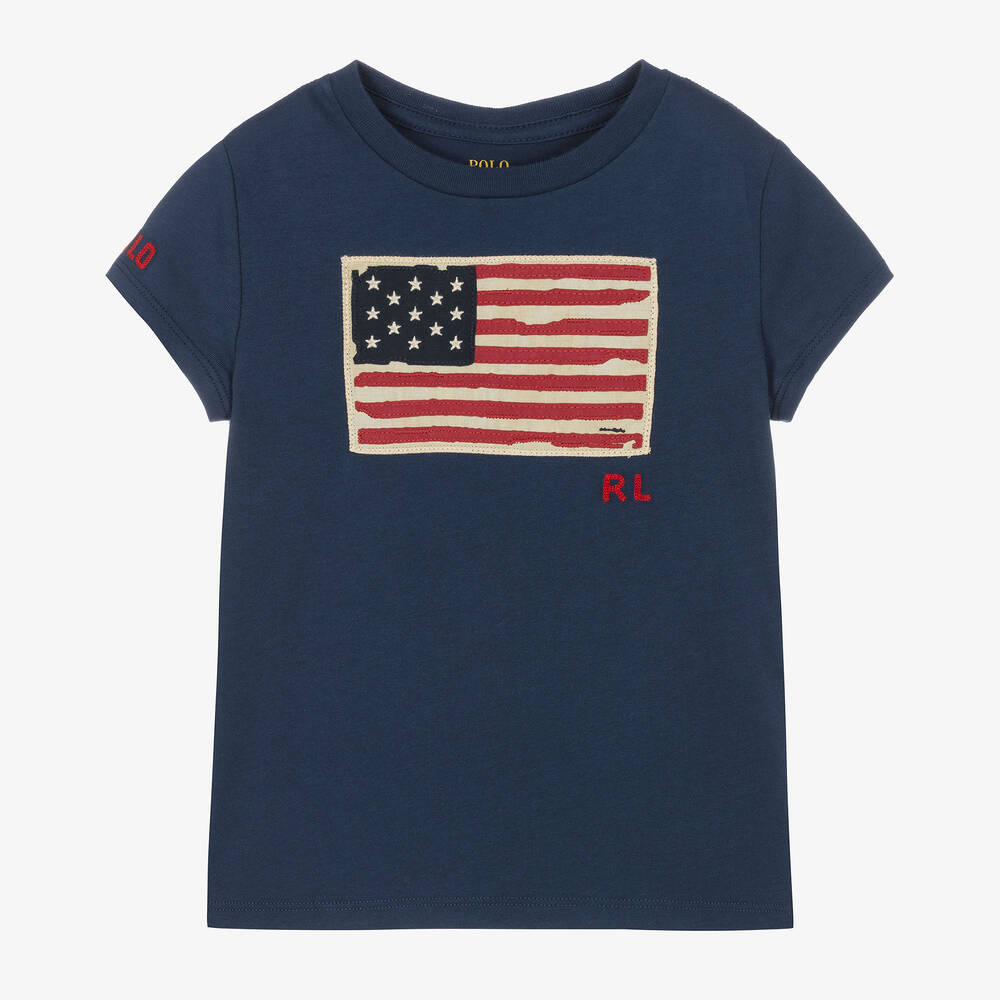 Ralph Lauren - Girls Navy Blue Flag Cotton T-Shirt | Childrensalon