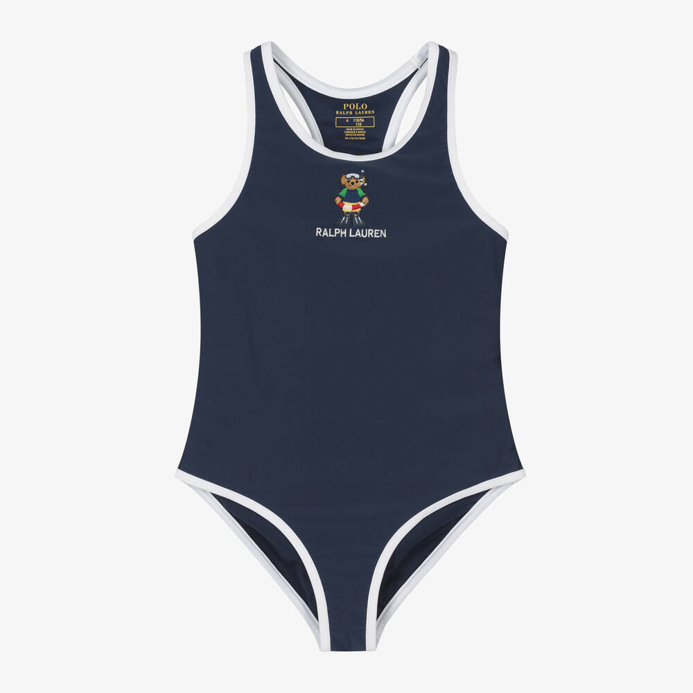 Ralph Lauren - Girls Navy Blue Polo Bear Swimsuit | Childrensalon
