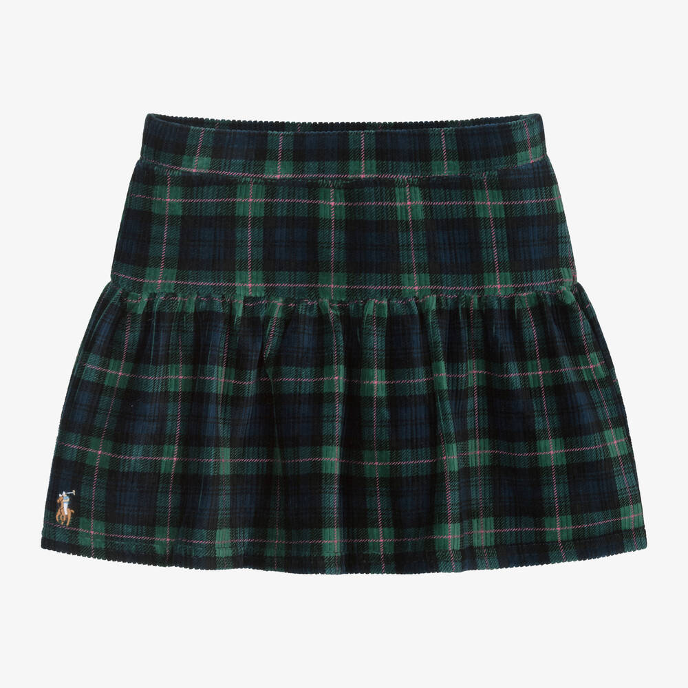 Ralph Lauren - Girls Navy Blue Tartan Corduroy Skirt | Childrensalon