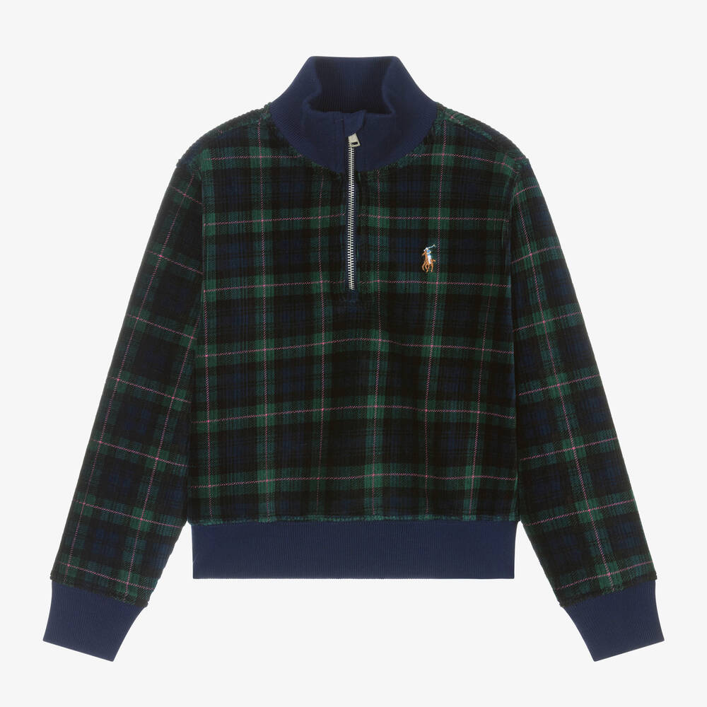 Ralph Lauren - Girls Navy Blue Tartan Corduroy Zip-Up Top | Childrensalon