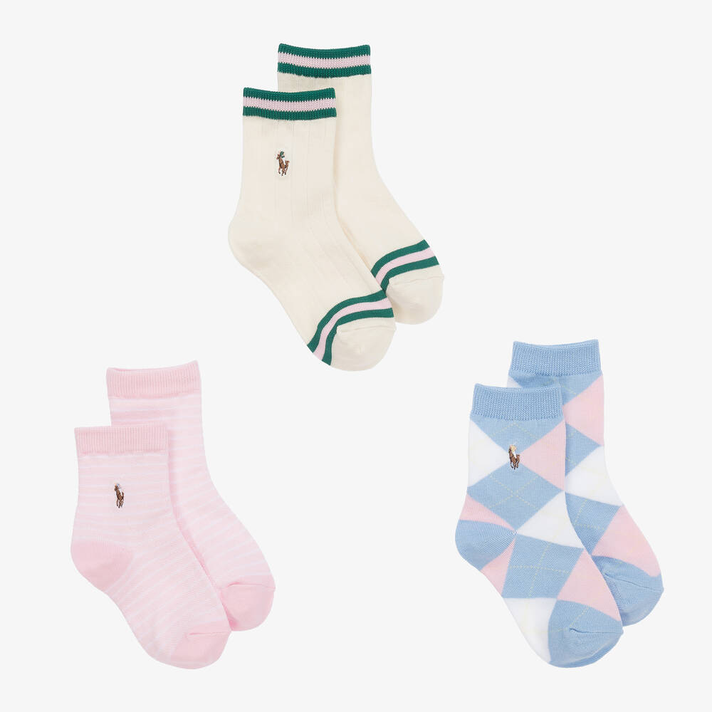 Ralph Lauren - Girls Pink & Blue Cotton Socks (3 Pack) | Childrensalon