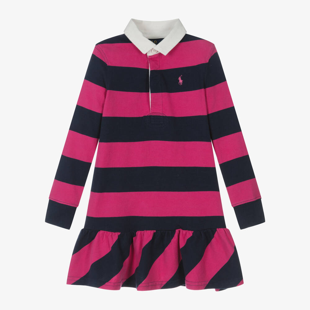 Ralph Lauren - Girls Pink & Blue Stripe Rugby Dress | Childrensalon