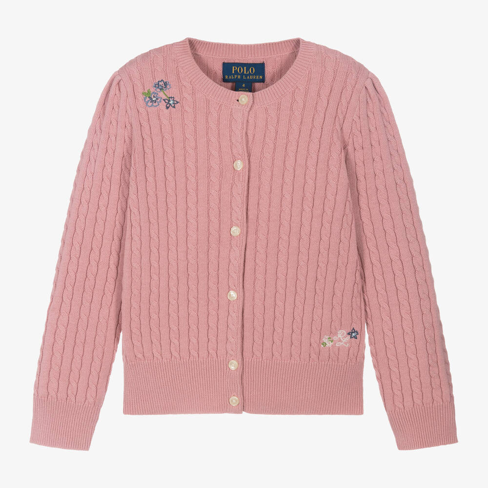 Ralph Lauren - Girls Pink Cable Knit Cardigan | Childrensalon